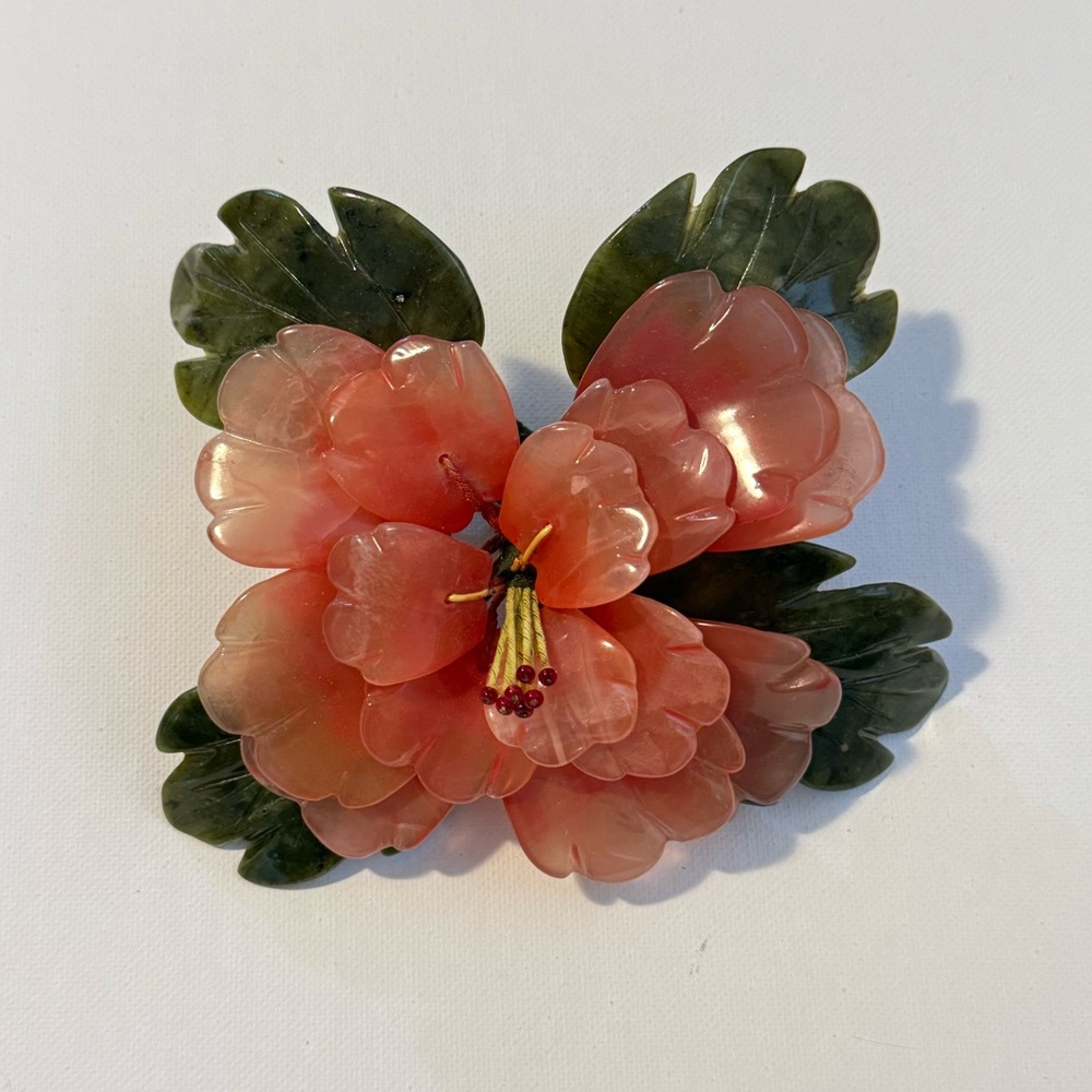 Pink Floral Real Jade Decorative Accent with Green Leaves